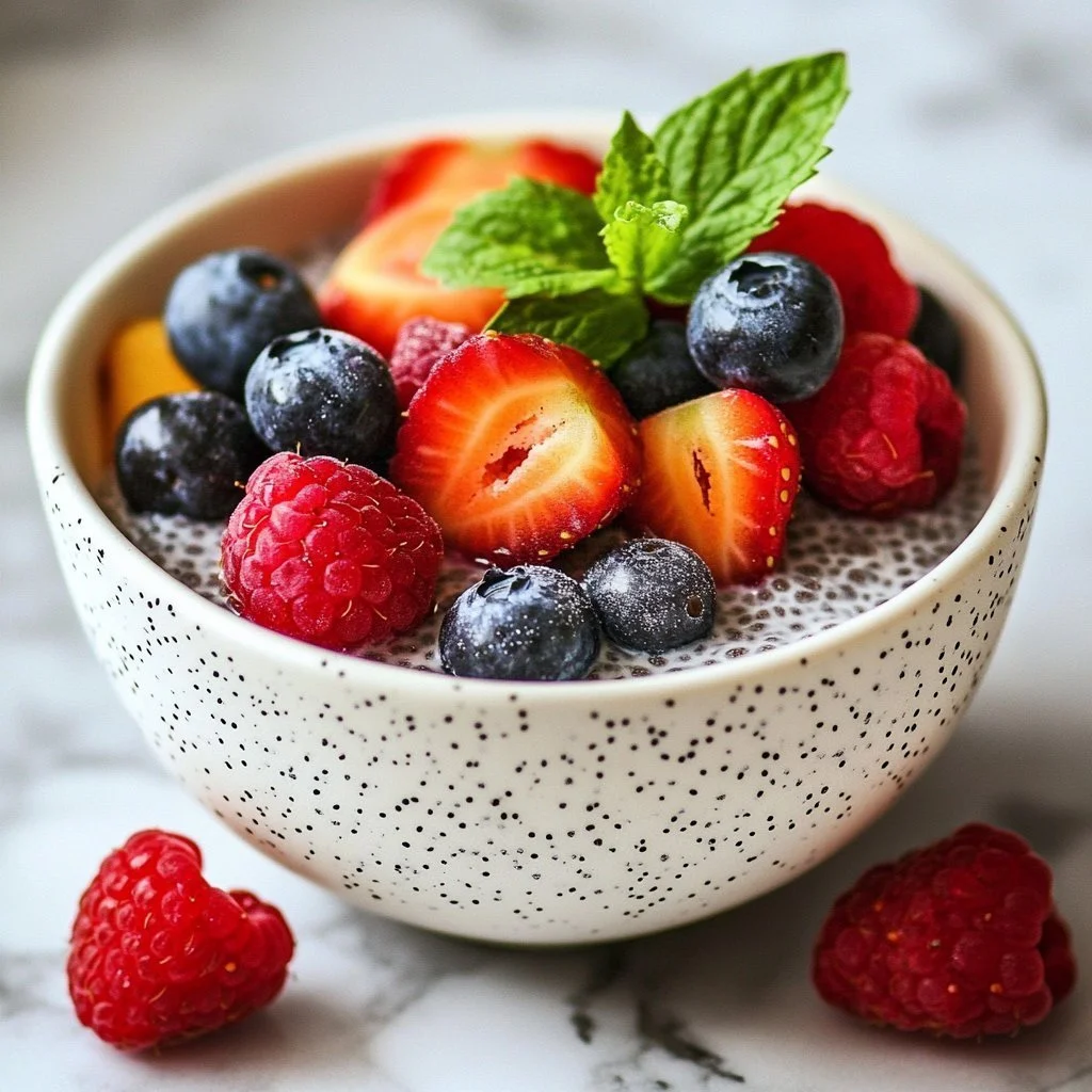 Delicious overnight chia pudding topped with fresh berries