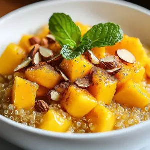 Overnight Peach Almond Quinoa breakfast bowl with fresh peaches and almonds