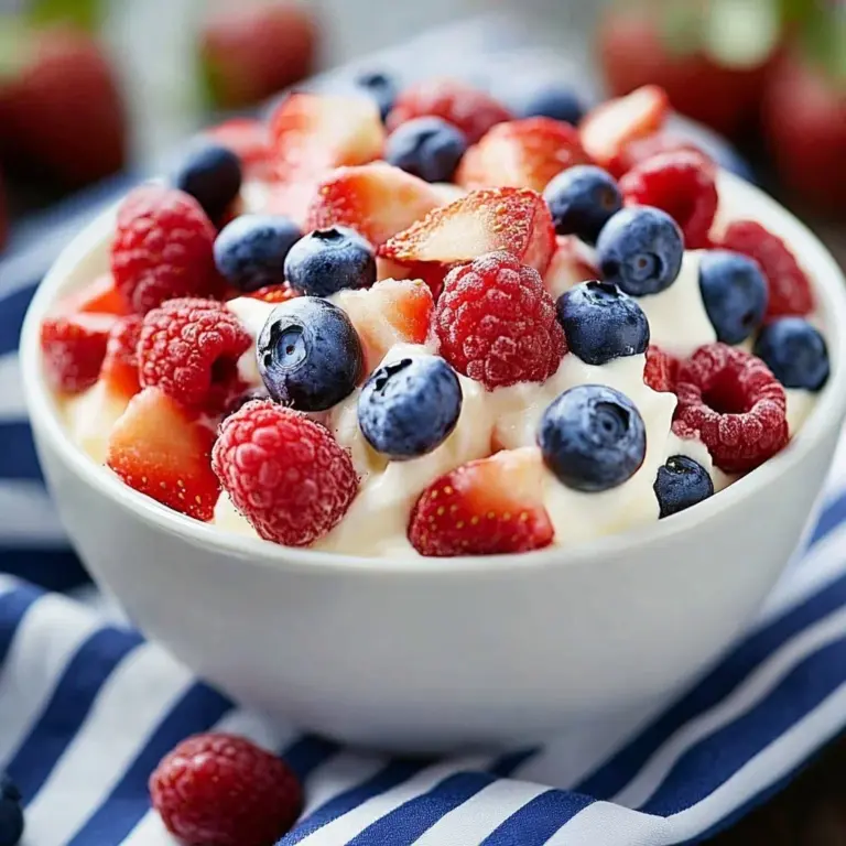 Patriotic Cheesecake Salad with cream cheese and fresh berries on a decorative plate