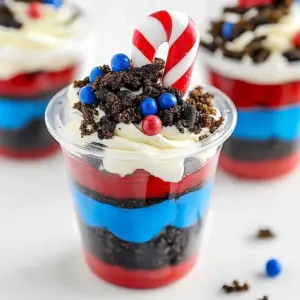 Delicious Patriotic Dirt Cups with layers of chocolate, whipped cream, and red, white, and blue toppings.
