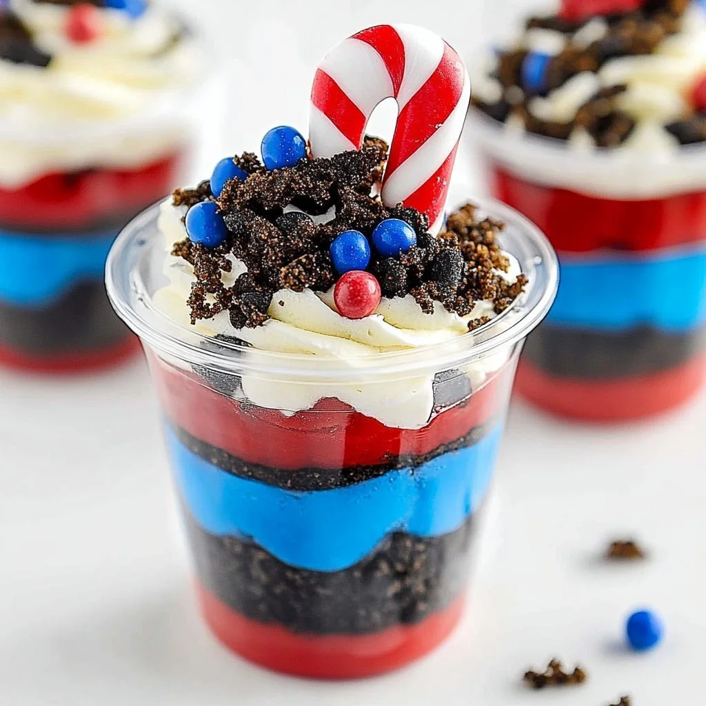 Delicious Patriotic Dirt Cups with layers of chocolate, whipped cream, and red, white, and blue toppings.