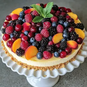 Delicious Peach and Summer Berry Cheesecake topped with fresh fruit