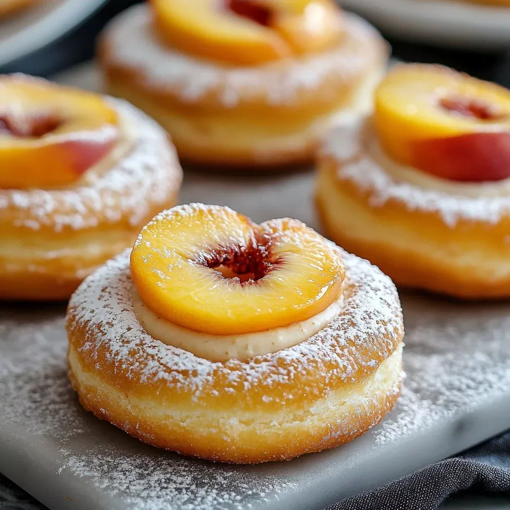 Peach cobbler cheesecake donuts topped with fresh peaches and creamy filling