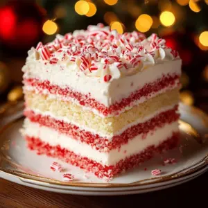 Peppermint Poke Cake Delight topped with whipped cream and peppermint sprinkles