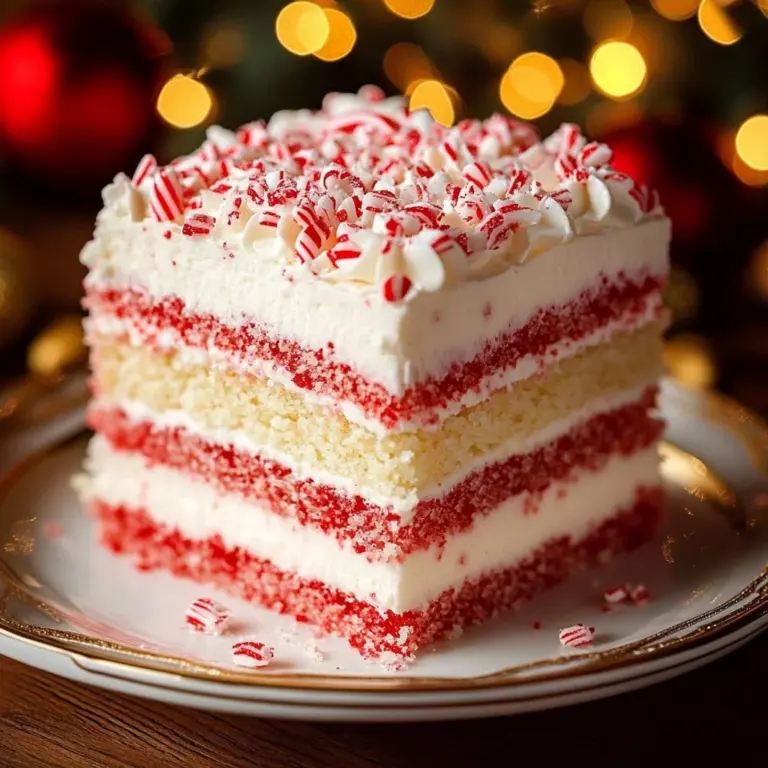 Peppermint Poke Cake Delight topped with whipped cream and peppermint sprinkles