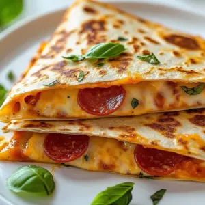 Delicious homemade Pepperoni Pizza Quesadilla on a plate with melting cheese.