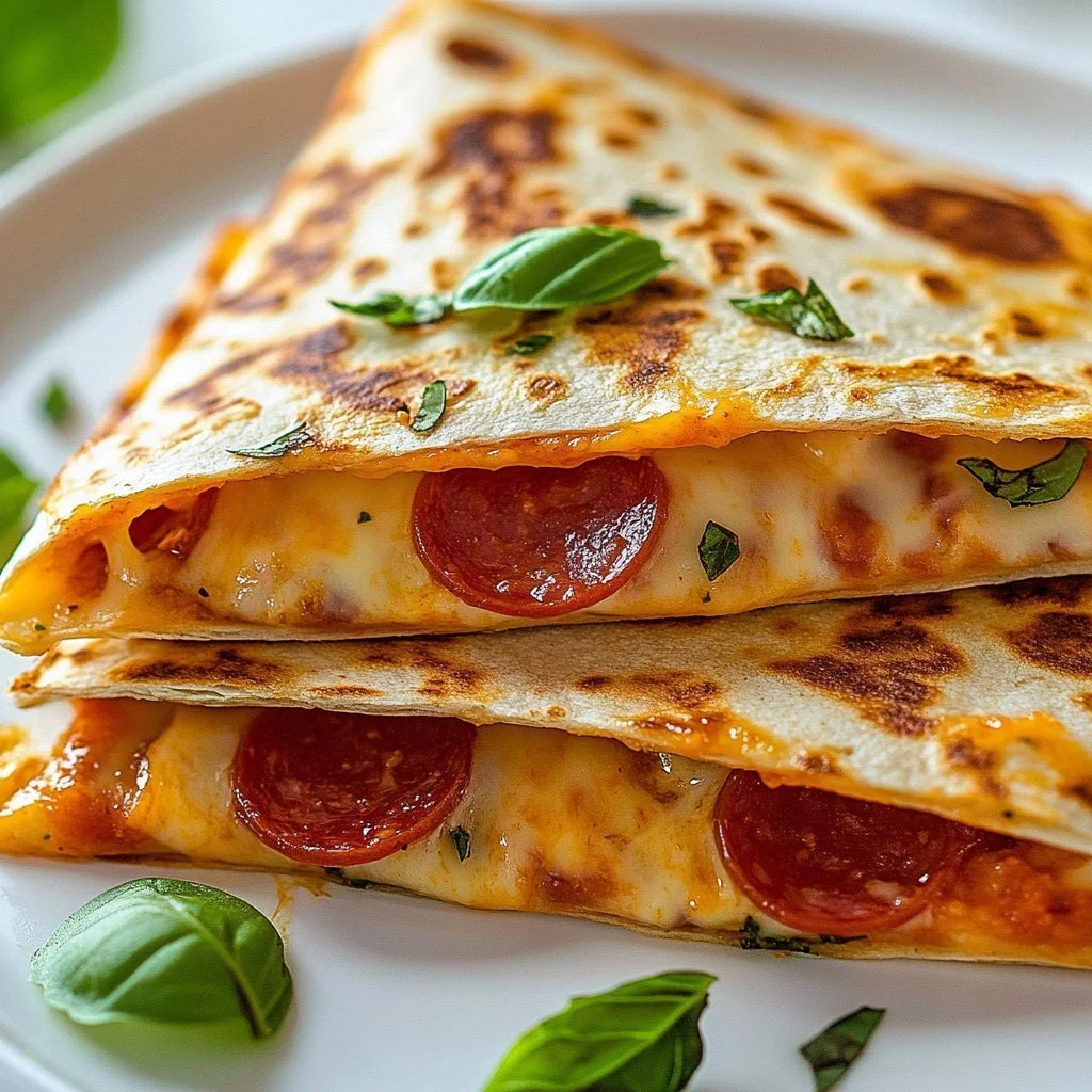 Delicious homemade Pepperoni Pizza Quesadilla on a plate with melting cheese.