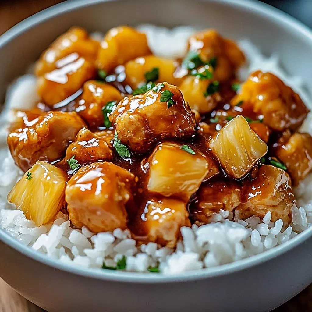 Delicious pineapple chicken served with rice on a plate
