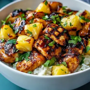 Plate of pineapple chicken served with rice and colorful vegetables