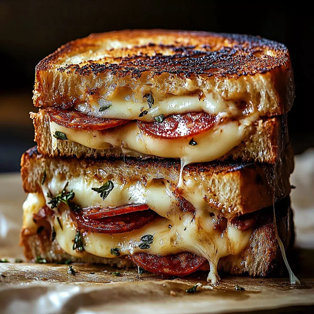 Delicious Pizza Grilled Cheese sandwich with melted cheese and pizza toppings