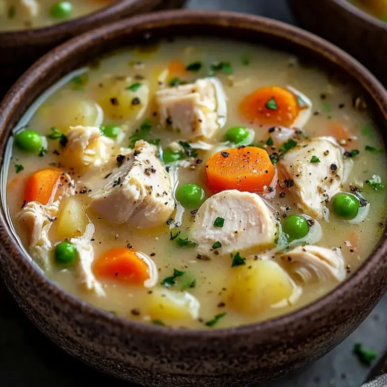 Bowl of protein-packed chicken pot pie soup garnished with herbs