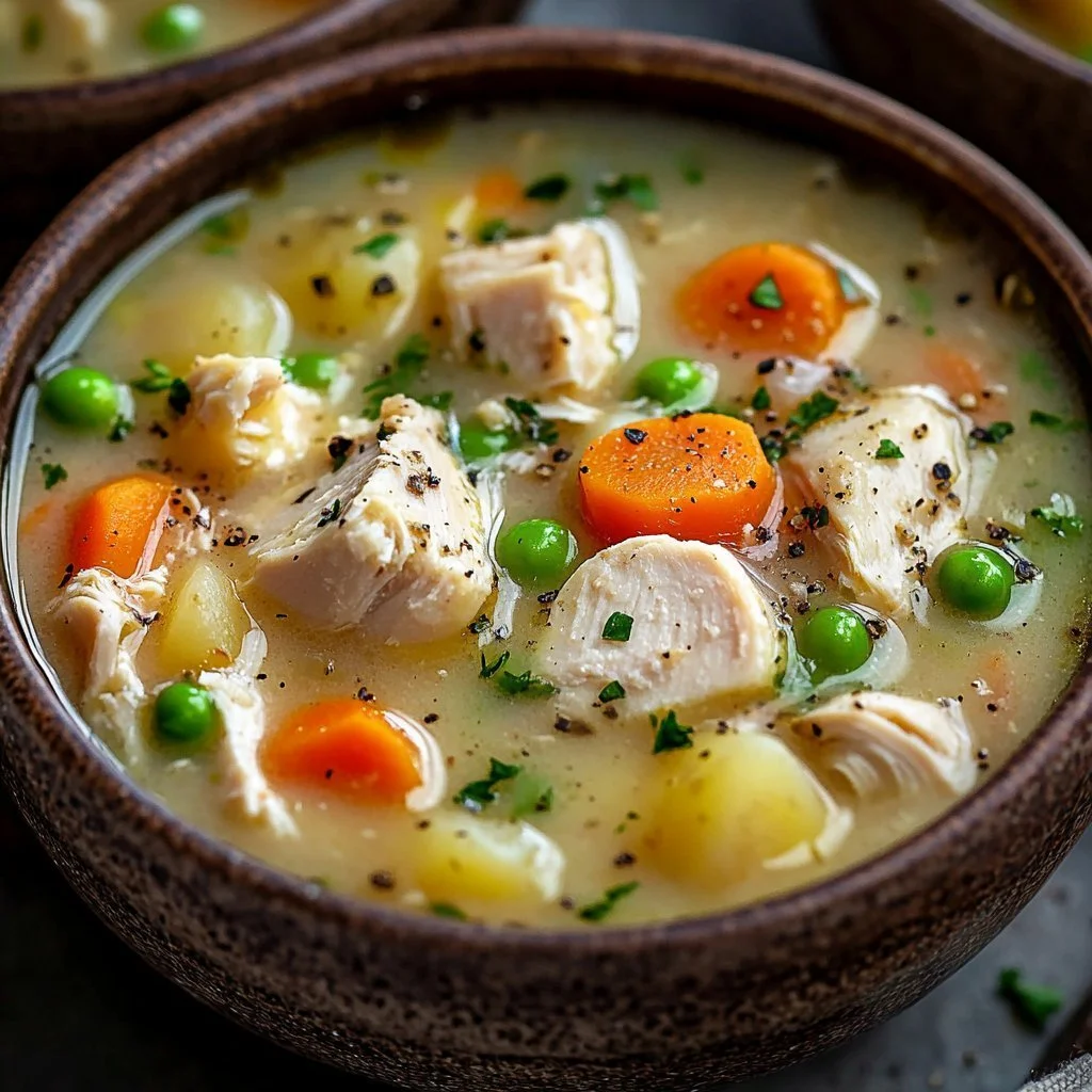 Bowl of protein-packed chicken pot pie soup garnished with herbs