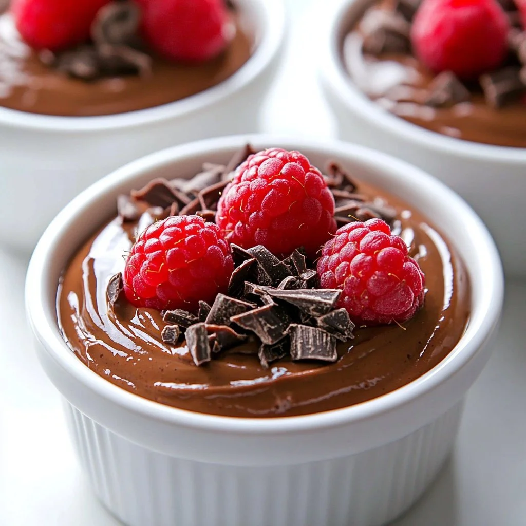 Bowl of quick chocolate chia pudding topped with fresh berries and chocolate shavings