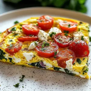Quick veggie feta breakfast frittata sliced on a plate