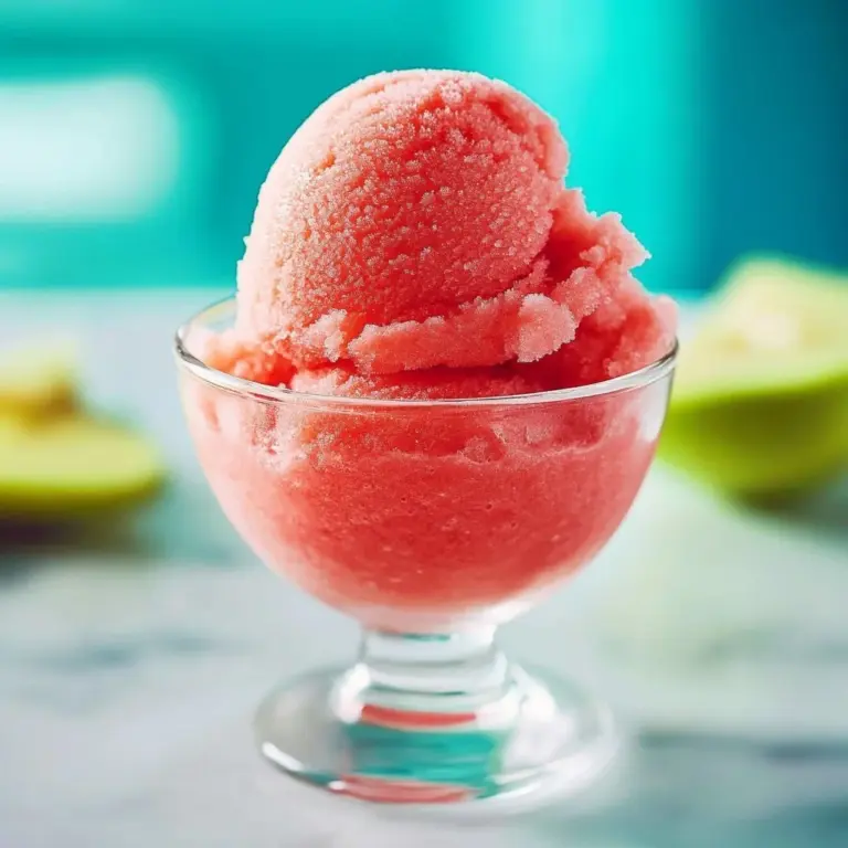 Refreshing quick watermelon sorbet dessert served in a bowl.