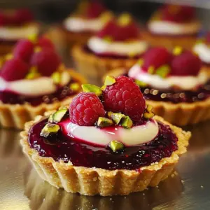 Raspberry and White Chocolate Tartlets arranged on a white plate with mint leaves