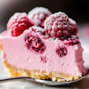 Delicious no-bake raspberry cheesecake topped with fresh raspberries
