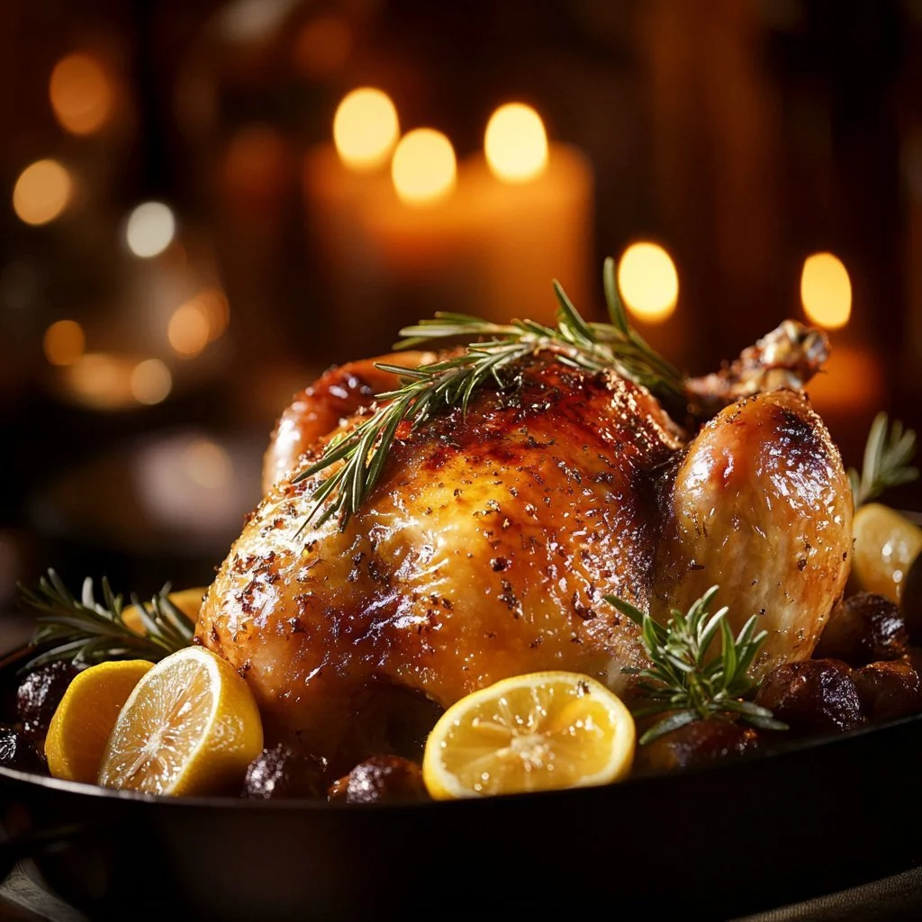 Roasted lemon garlic chicken served with fresh herbs and lemon slices