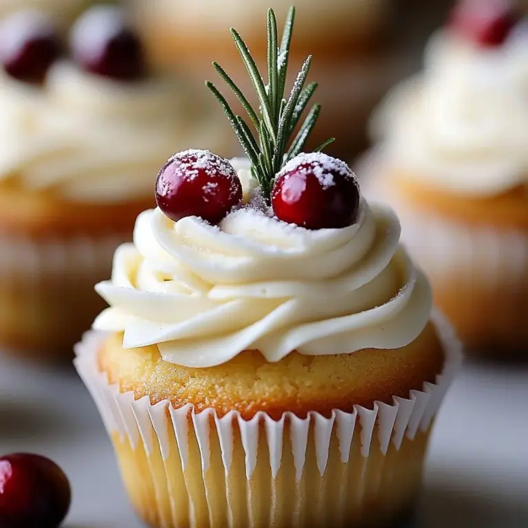 Rosemary Vanilla Cupcakes topped with Sugared Cranberries for a festive treat.