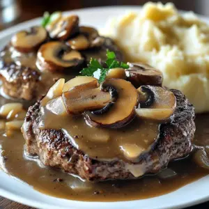 Salisbury steak served with rich mushroom gravy on a plate