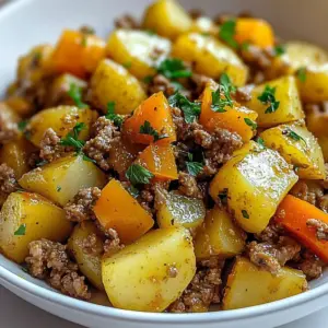 Savory beef potato hash served in a skillet with herbs and spices