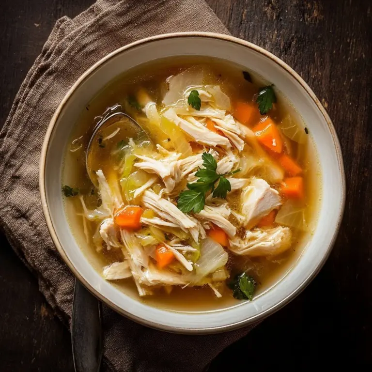 Savory chicken cabbage soup filled with vegetables in a bowl