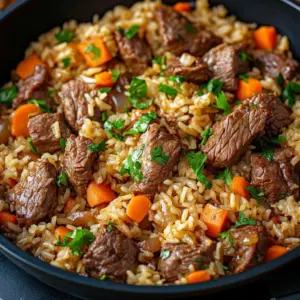 Savory one pot beef pilaf with aromatic spices and tender beef