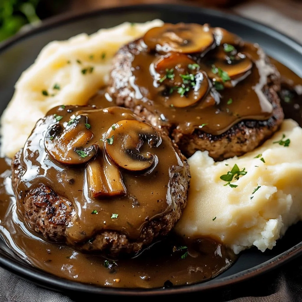Delicious Salisbury Beef Patties served with vegetables and sauce