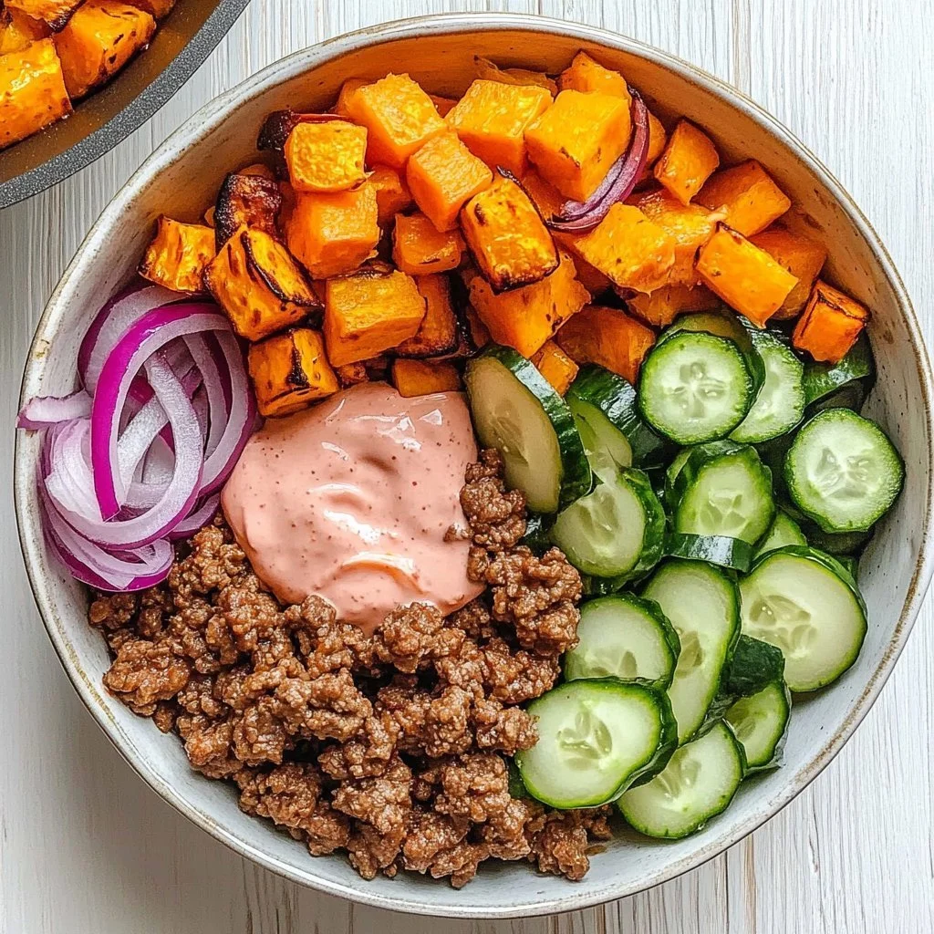 Savory sweet potato burger bowl with fresh ingredients and vibrant colors.