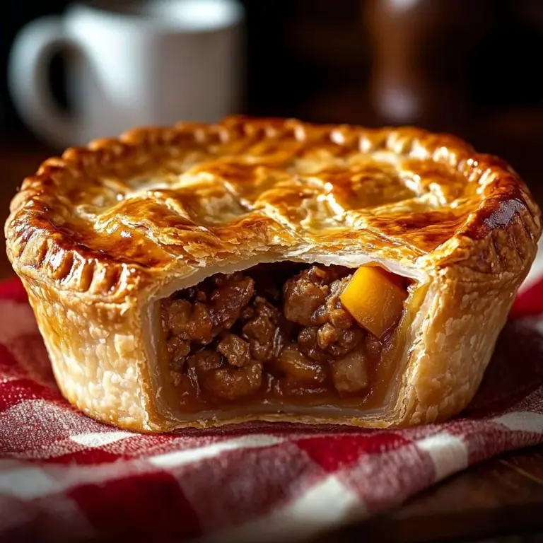 Delicious Scotch Pie with minced meat filling on a rustic wooden table