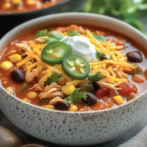 Bowl of Seven-Can Chicken Taco Soup with colorful ingredients