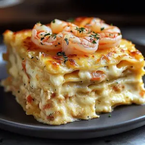 Delicious Shrimp and Crab Lasagna with layers of seafood and creamy sauce