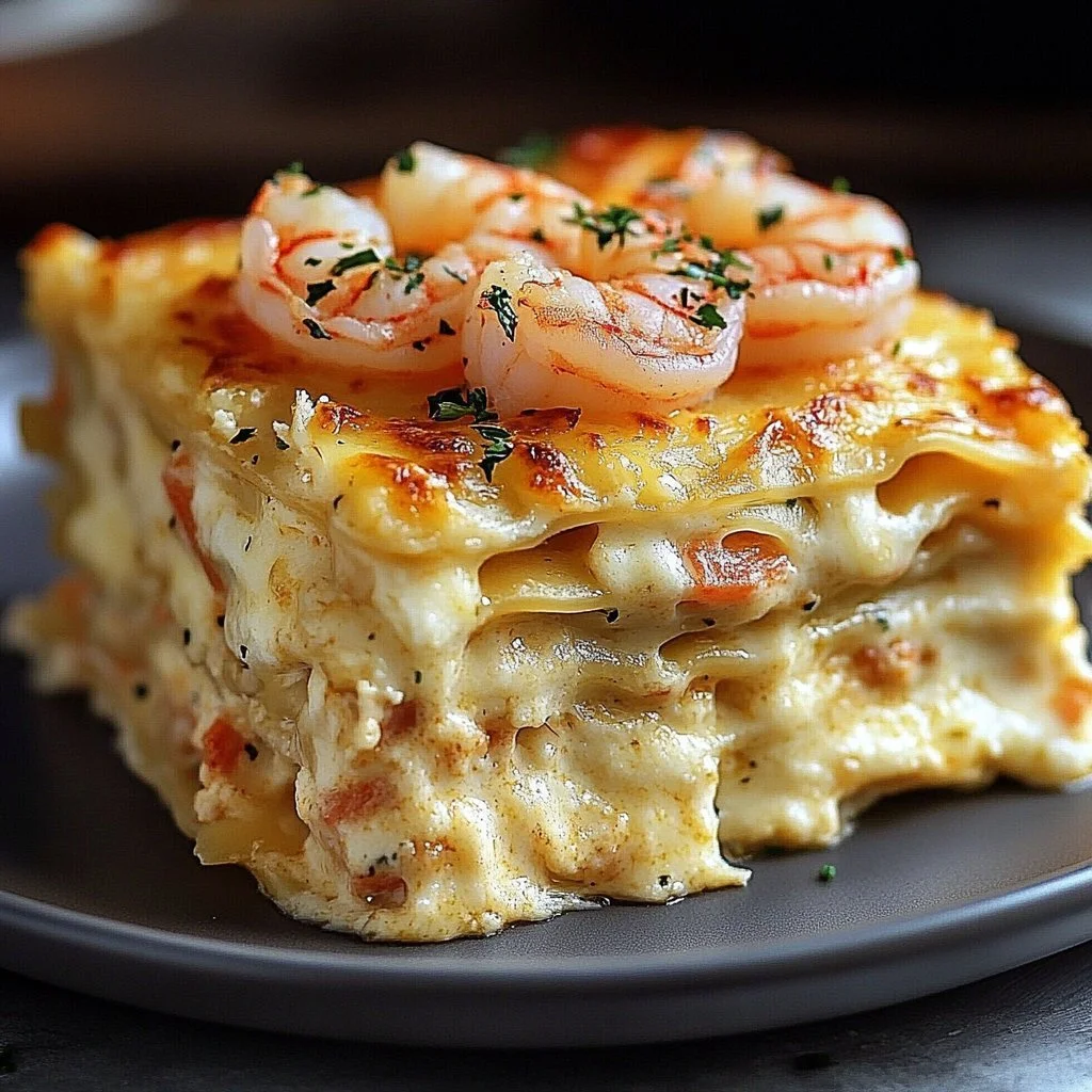 Delicious Shrimp and Crab Lasagna with layers of seafood and creamy sauce