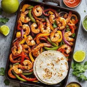 Sheet pan shrimp fajitas with colorful peppers and onions