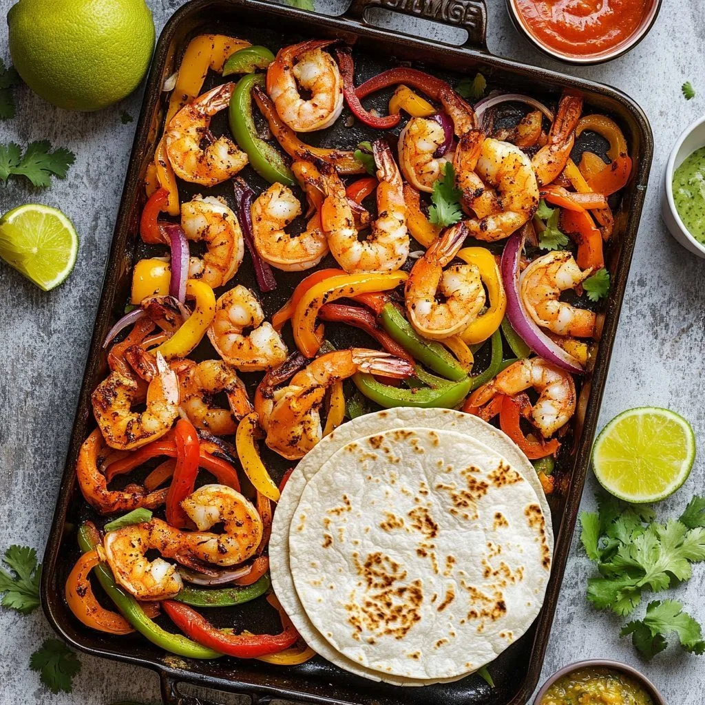 Sheet pan shrimp fajitas with colorful peppers and onions