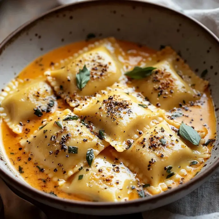 Delicious Silky Tuscan Ravioli Soup garnished with herbs and fresh ingredients
