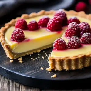Silky white chocolate raspberry tart with fresh raspberries and chocolate drizzle