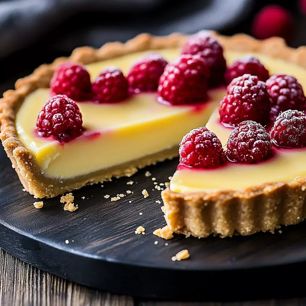 Silky white chocolate raspberry tart with fresh raspberries and chocolate drizzle