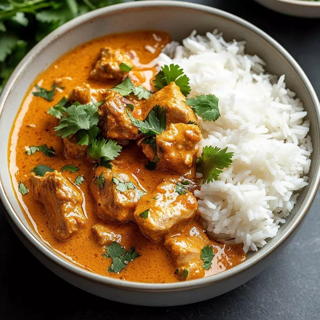 Delicious slow-cooked butter chicken served with naan and rice