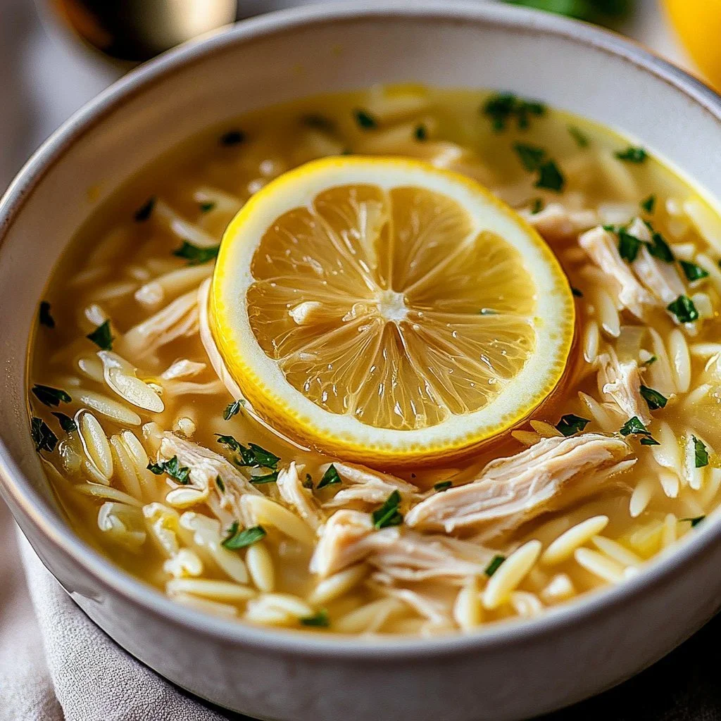 Slow Cooker Avgolemono Lemon Chicken Soup garnished with lemon and parsley.