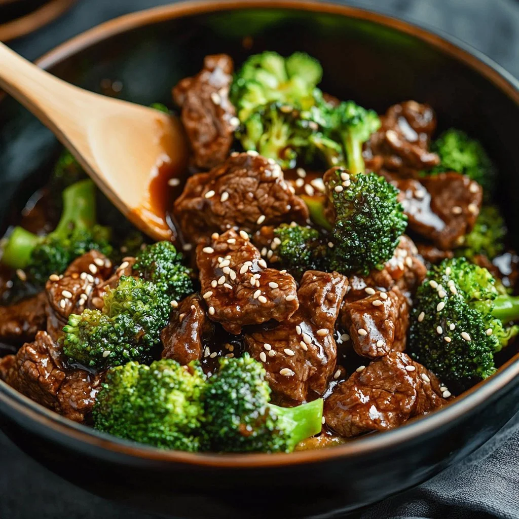 Slow cooker beef and broccoli served in a bowl with rice.