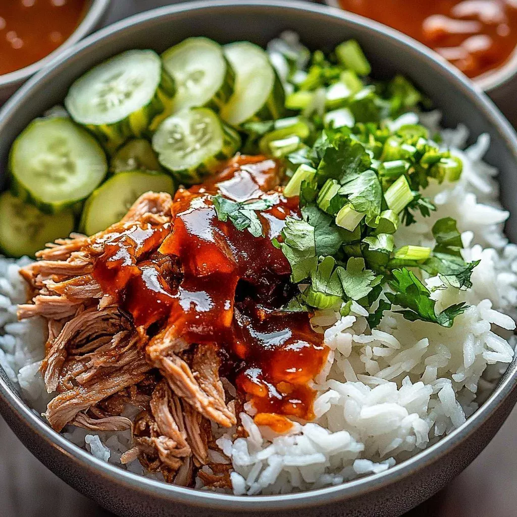 Slow cooker beef bowls dish with vegetables and rice in a bowl
