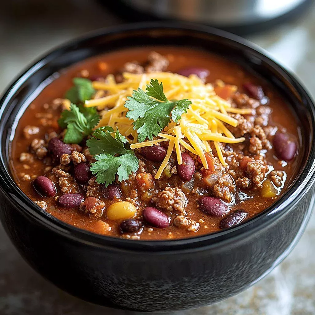 Delicious slow cooker chili served in a bowl with toppings like cheese and cilantro