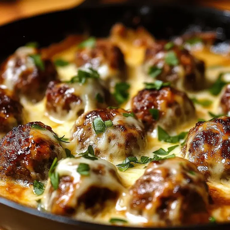 Bowl of Slow Cooker French Onion Meatballs with melted cheese and caramelized onions