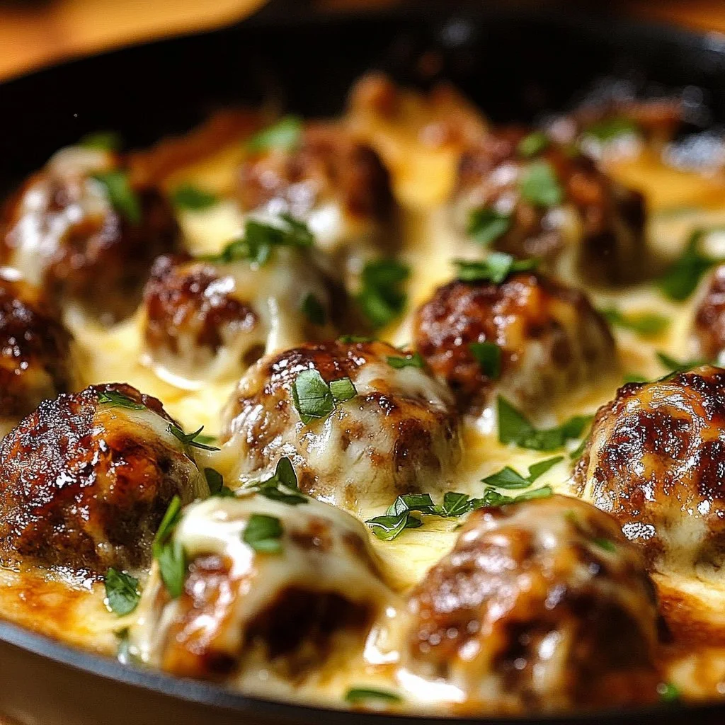 Bowl of Slow Cooker French Onion Meatballs with melted cheese and caramelized onions