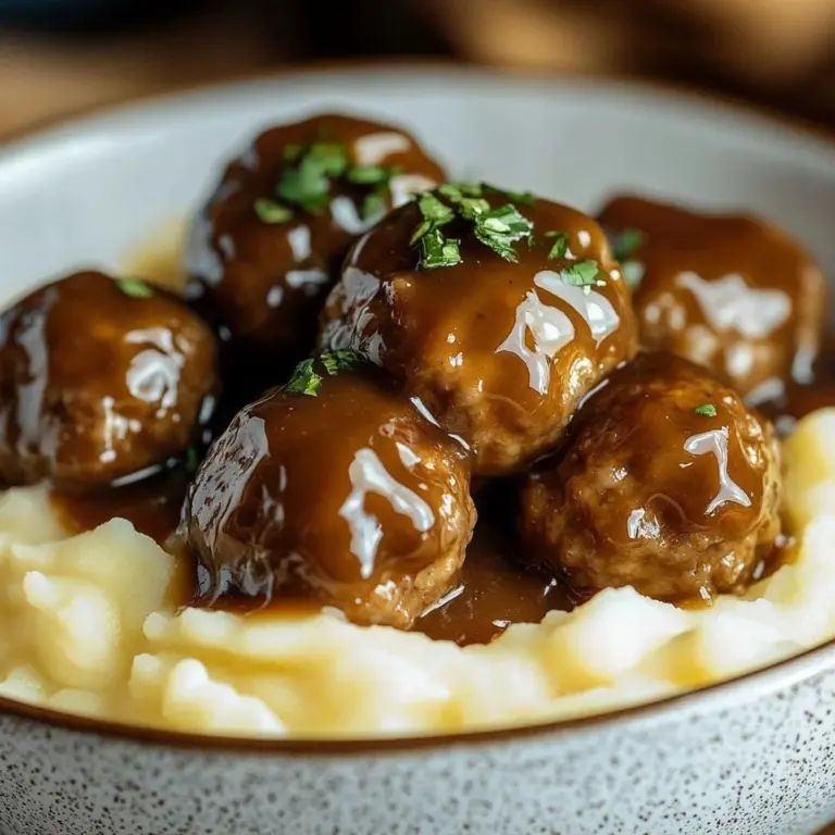 Slow Cooker Salisbury Steak Meatballs served with creamy gravy and mashed potatoes