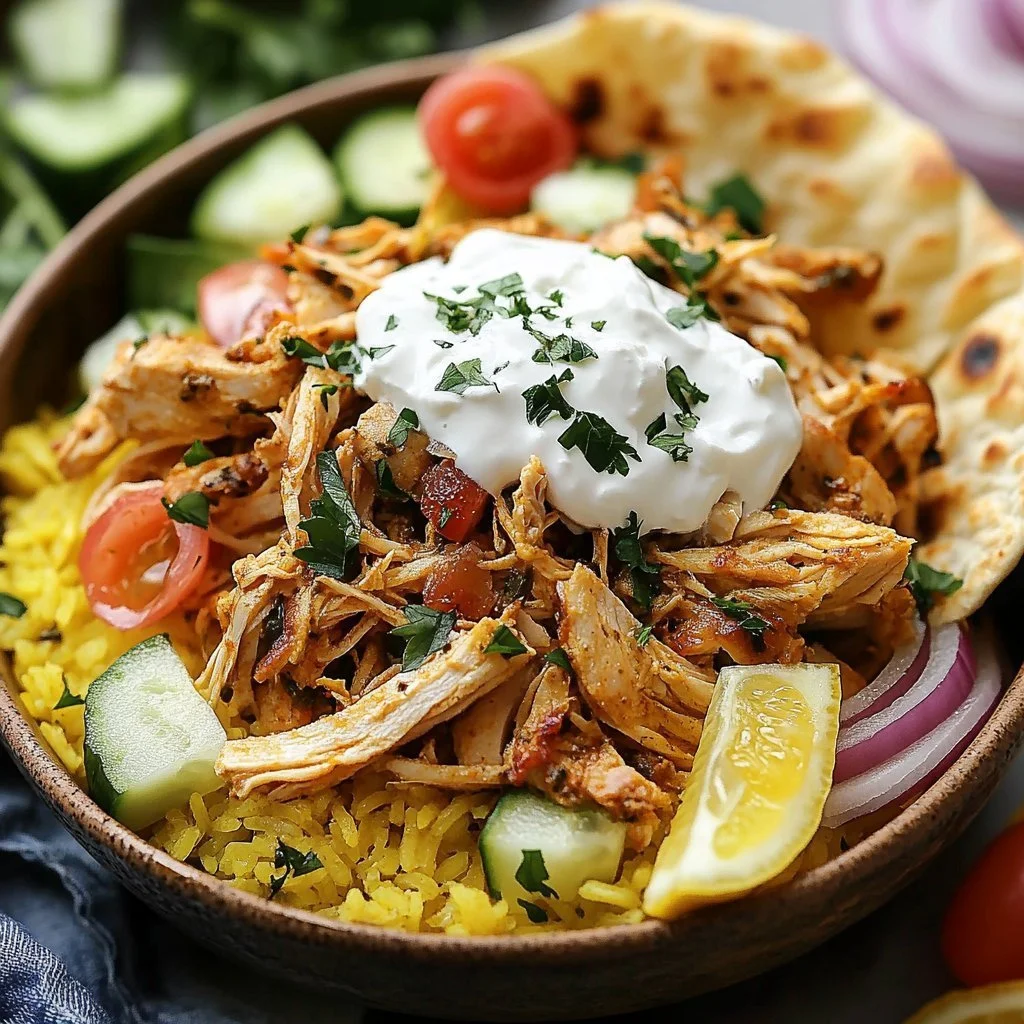 Slow cooker shawarma with yogurt sauce served on a plate