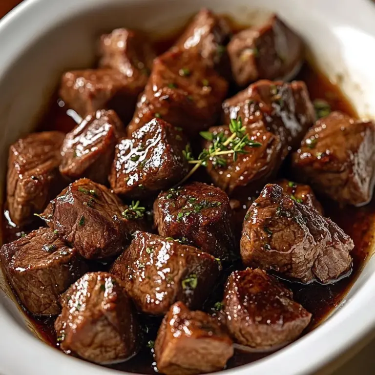 Tender slow cooker steak bites served on a plate with herbs