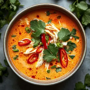 Bowl of Slow-Cooker Thai Coconut Chicken Soup with fresh herbs and lime.