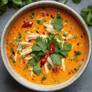 Bowl of slow-cooker Thai coconut chicken soup garnished with fresh herbs.